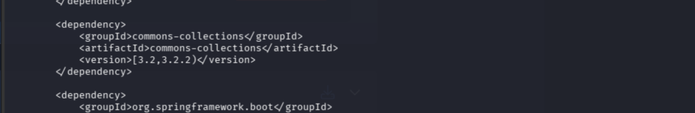 pom.xml showing commons-collections dependency with vulnerable version range